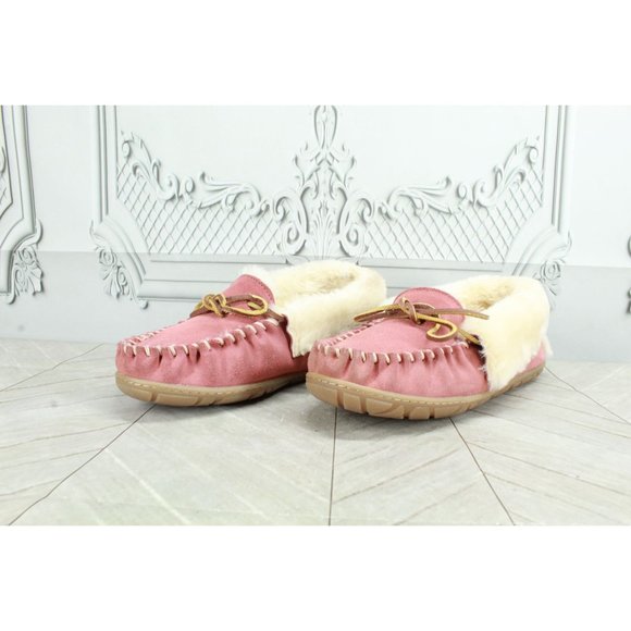LL Bean Women's Pink Suede Wicked Good Shearling Lined Moccasin Slippers 8 M - Picture 2 of 10